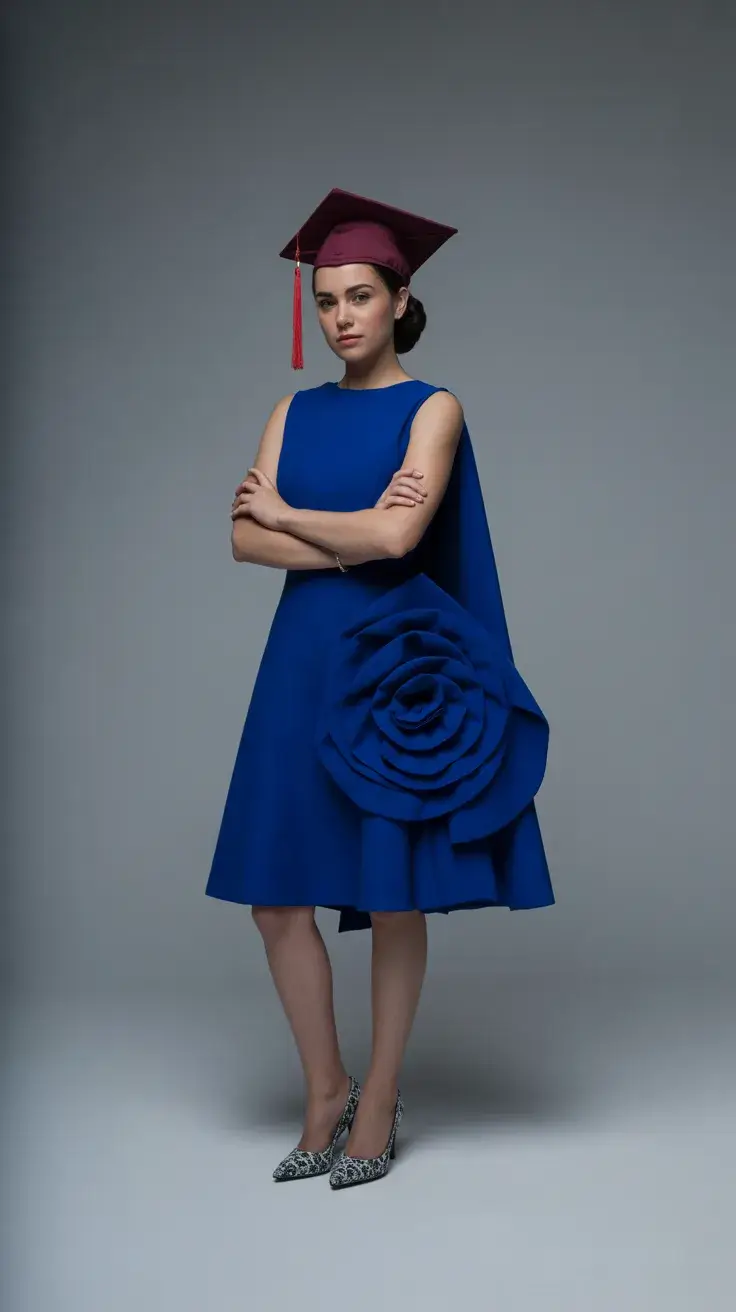 graduation look ideas 2026 Bold Blue Statement Dress With Artistic Graduation Elegance