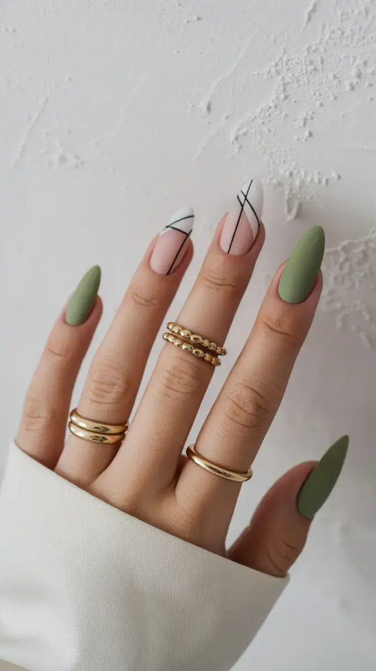 graduation nails ideas 2026 Soft Sage Almond Nails With Minimal Line Art