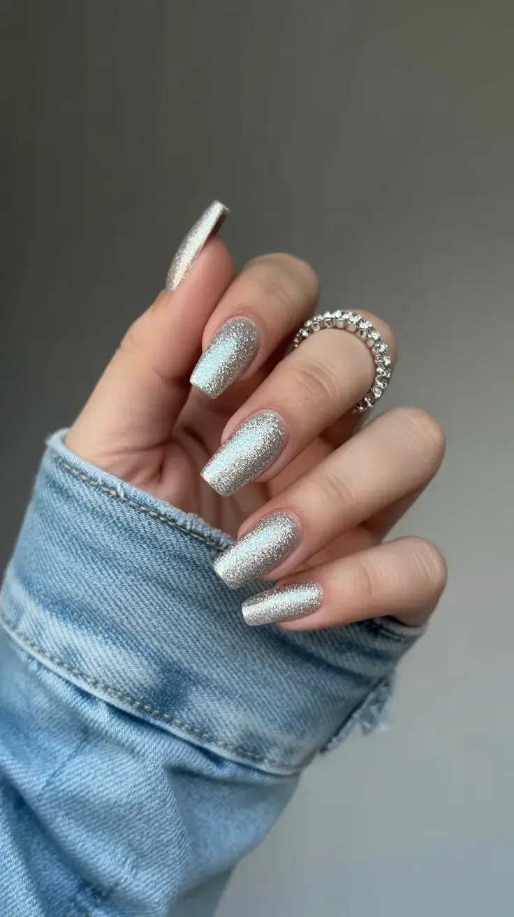 graduation nails ideas 2026 Silver Glitter Graduation Nails With Elegant Shine