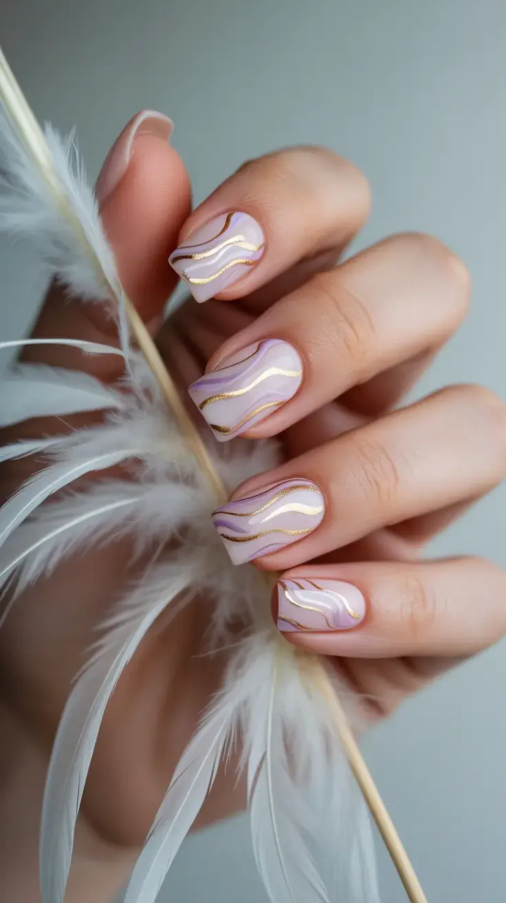 graduation nails ideas 2026 Soft Marble Graduation Nails With Gold Lines