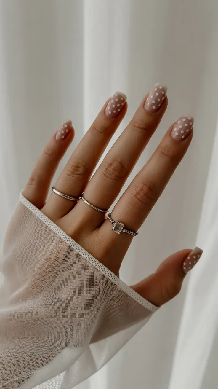 graduation nails ideas 2026 Soft White Polka Dot Nails for an Effortlessly Classy Graduation Look