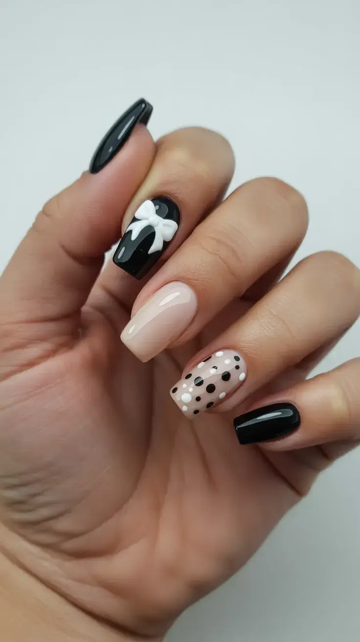 graduation nails ideas 2026 Chic Black and Nude Graduation Nails with Modern Nail Art