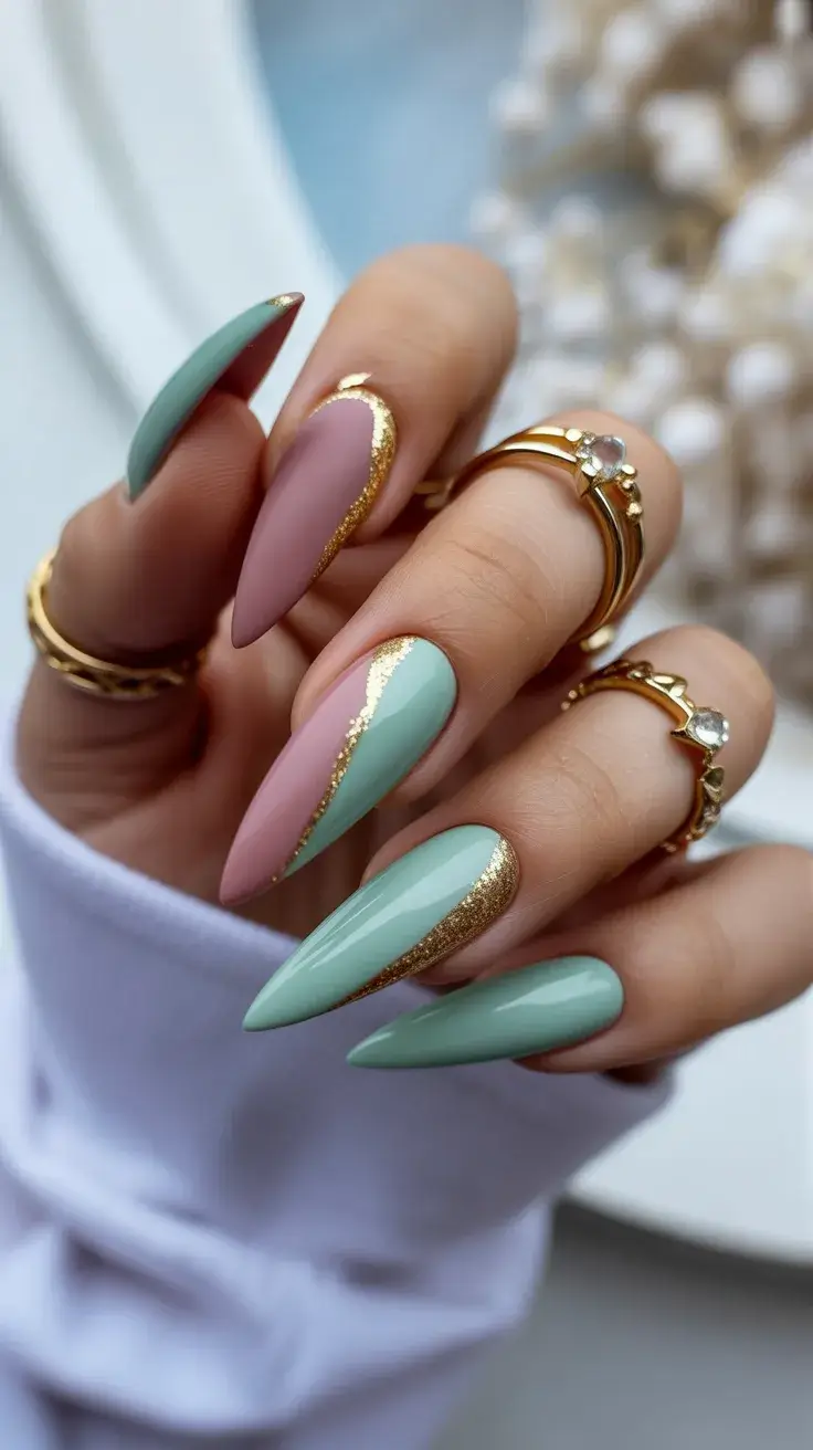 graduation nails ideas 2026 Pastel Pink And Mint Almond Nails With Gold Accent