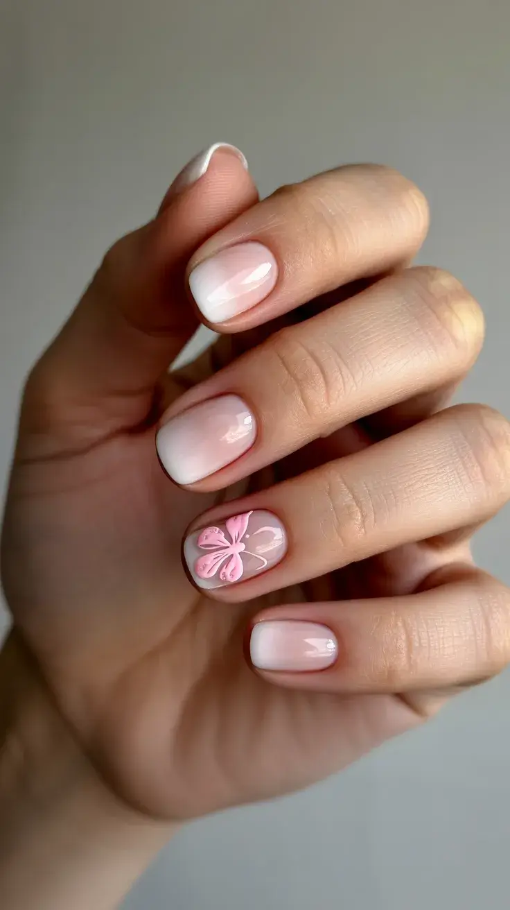 graduation nails ideas 2026 Short Pink Graduation Nails with a Delicate Floral Accent