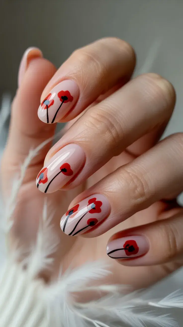 graduation nails ideas 2026 Delicate Red Floral Graduation Nails with Soft Nude Base