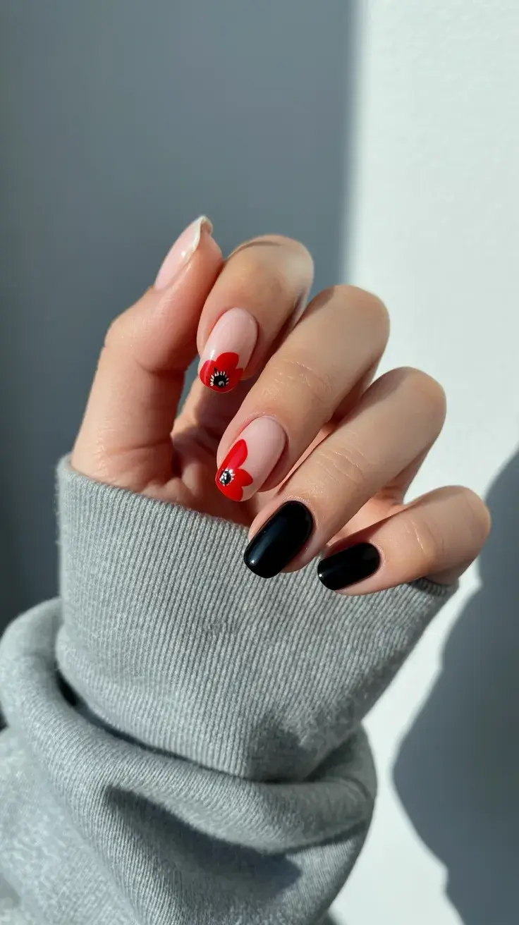graduation nails ideas 2026 Short Black and Red Flower Nails for a Bold Graduation Look