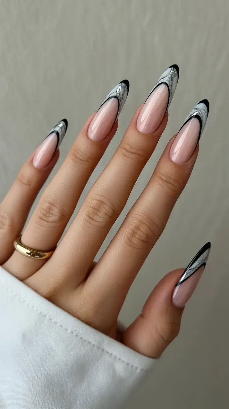 graduation nails ideas 2026 Classic Nude Almond Nails With Black French Tips