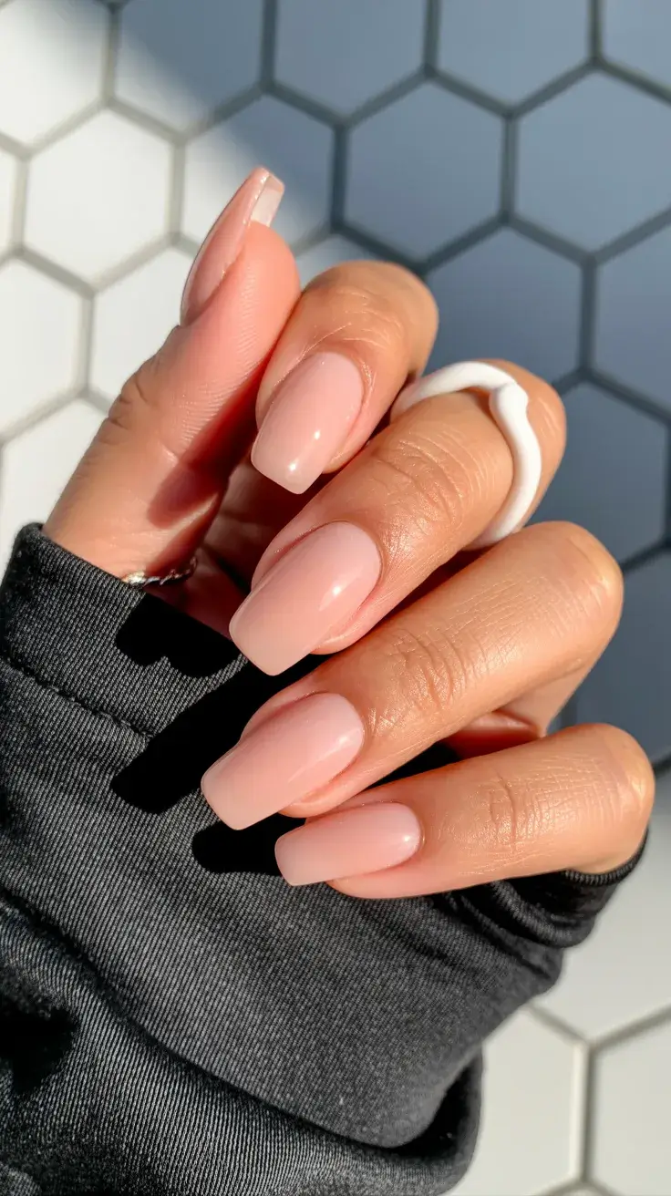 graduation nails ideas 2026 Simple Glossy Nude Square Graduation Nails
