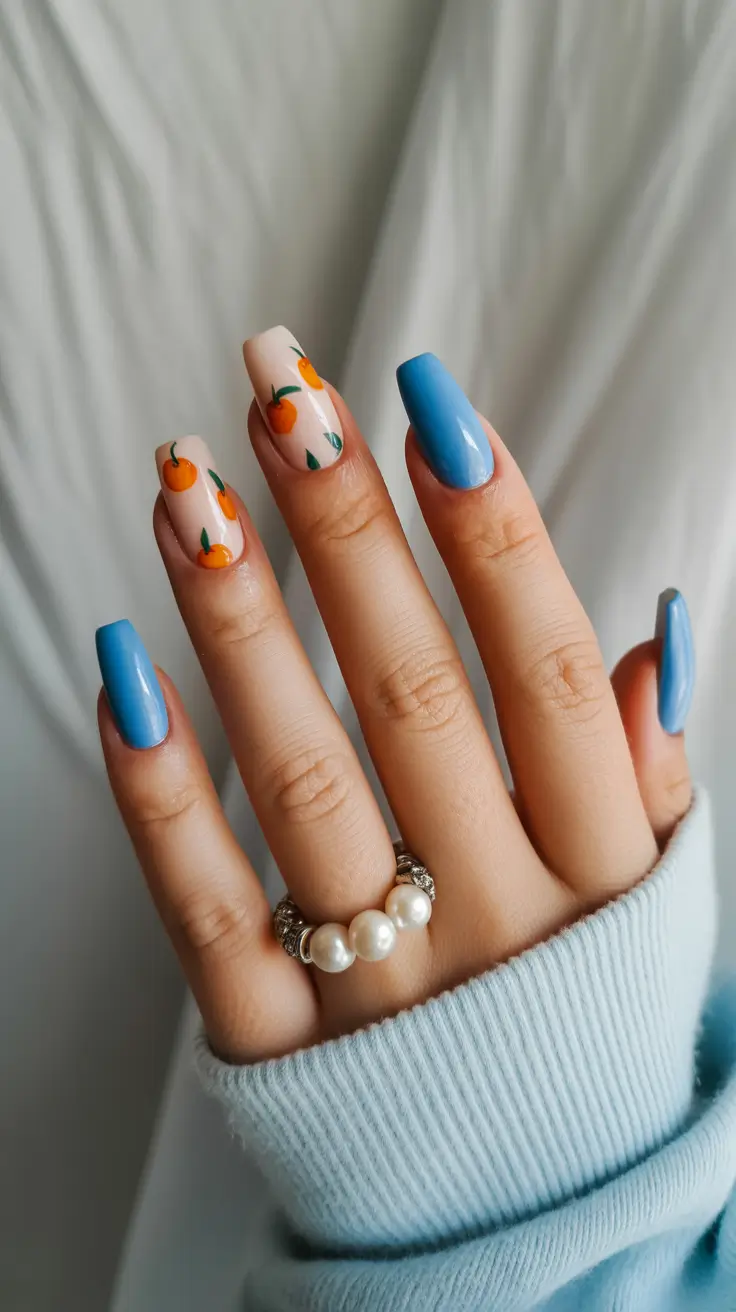 minimalistic spring nail inspo 2026 Blue Square Nails with Cute Orange Accent Art