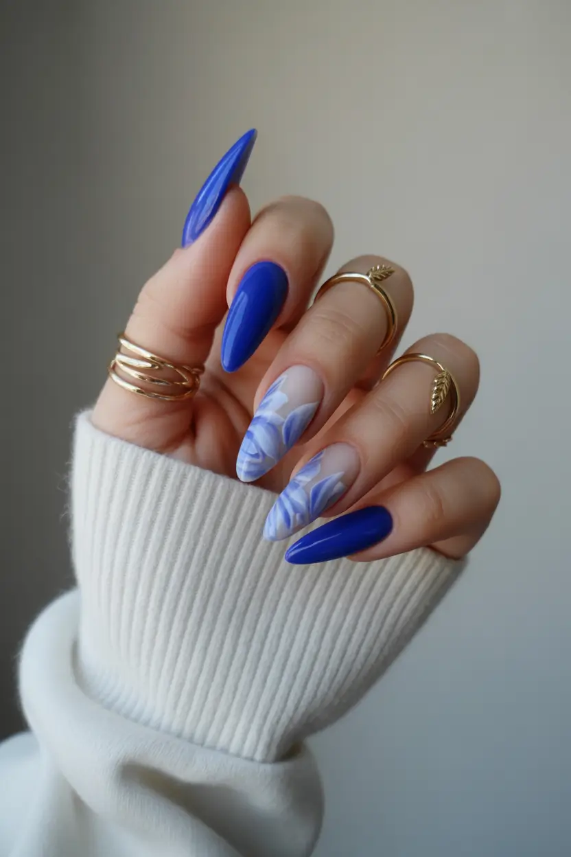 minimalistic spring nail inspo 2026 Bold Blue Almond Nails with Soft Floral Art