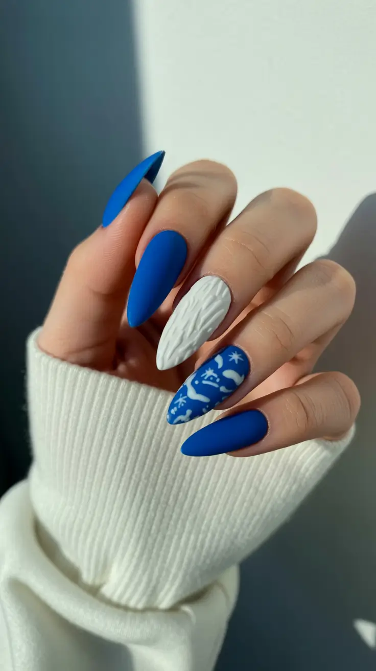 minimalistic spring nail inspo 2026 Matte Blue Almond Nails with Minimal Pattern Accents