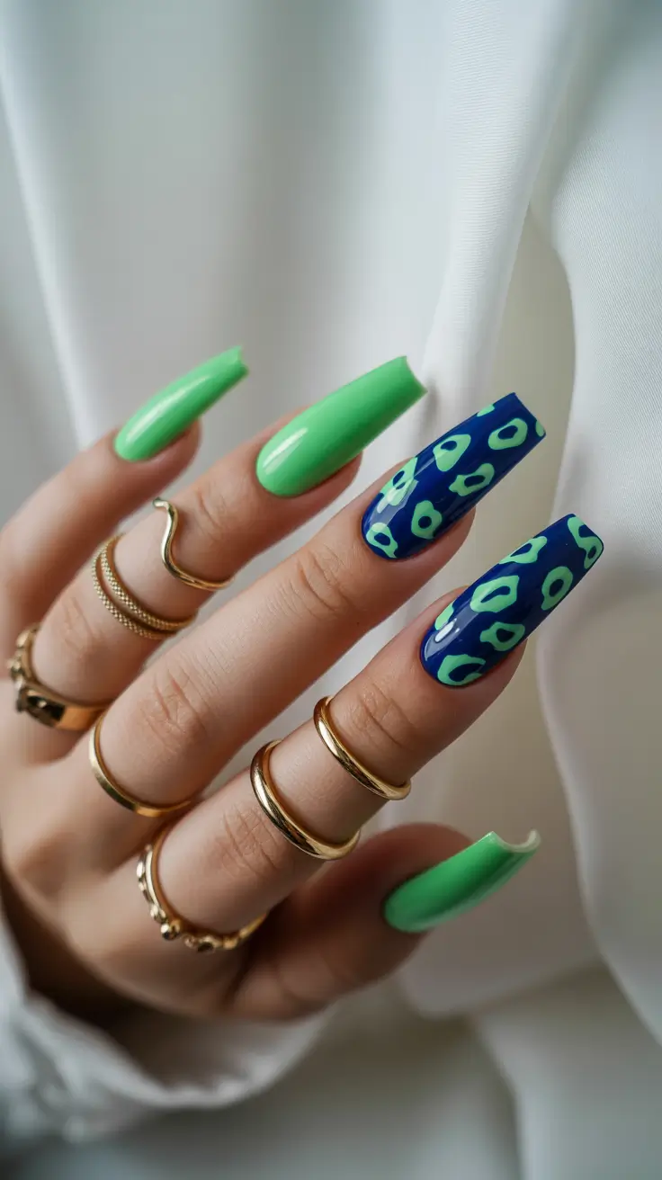 minimalistic spring nail inspo 2026 Green and Navy Acrylic Nails with Graphic Pattern