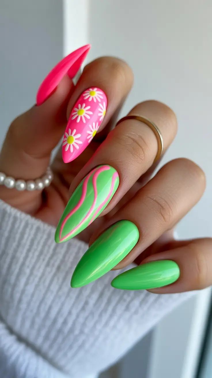 minimalistic spring nail inspo 2026 Playful Pink and Green Spring Nails with Daisy Details