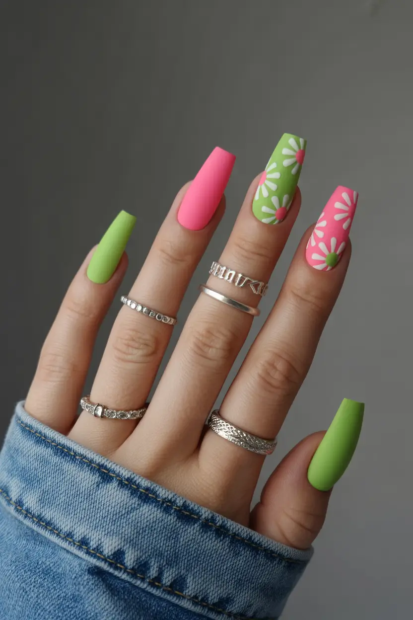 minimalistic spring nail inspo 2026 Soft Pastel Square Nails with Delicate Daisy Accents