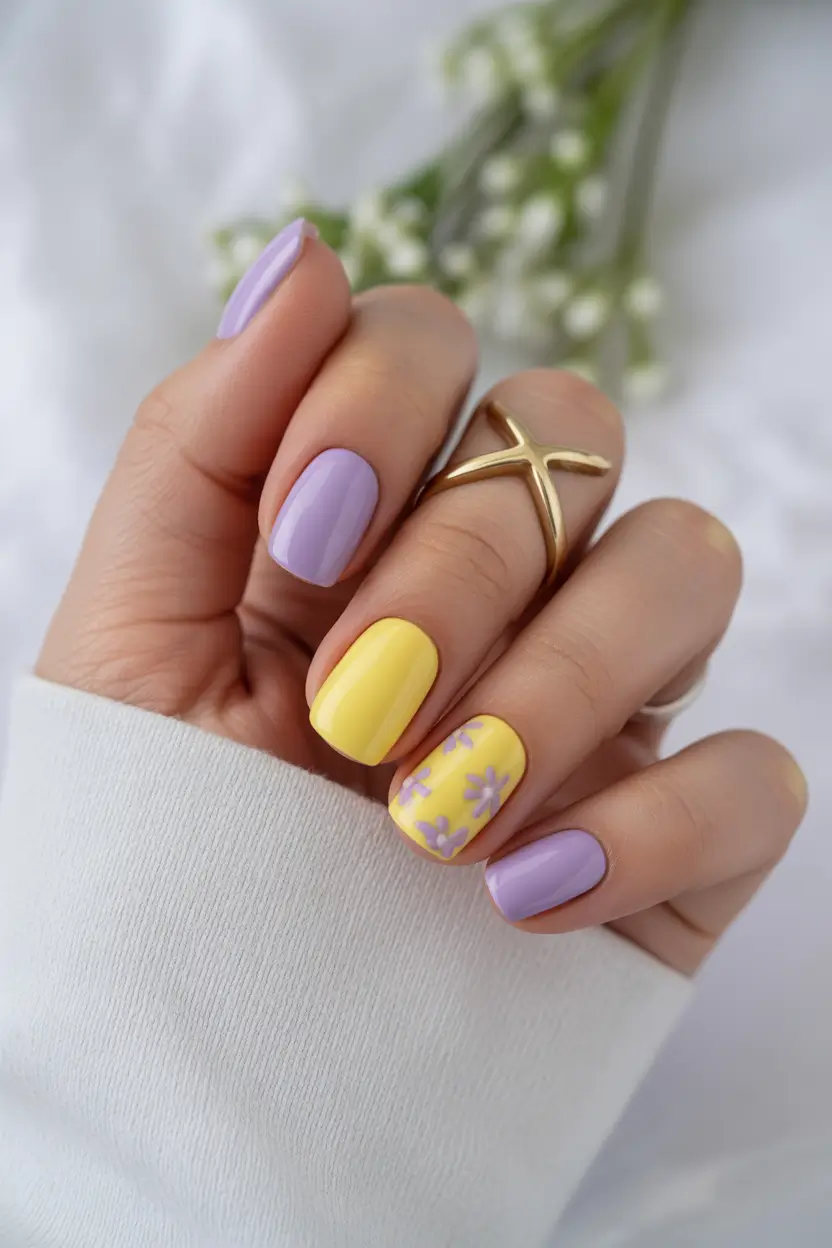 minimalistic spring nail inspo 2026 pastel yellow lavender nails