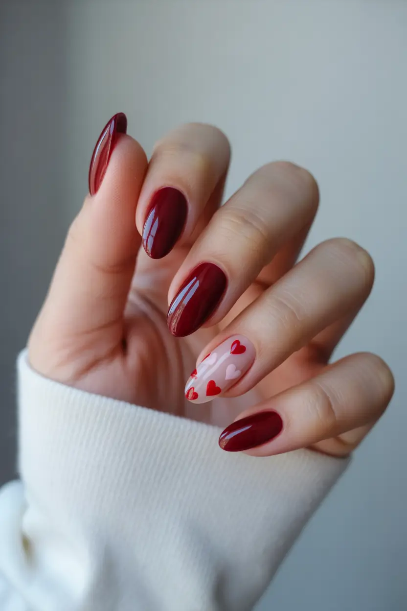 minimalistic spring nail inspo 2026 Glossy Cherry Red Almond Nails with Minimal Heart Accent