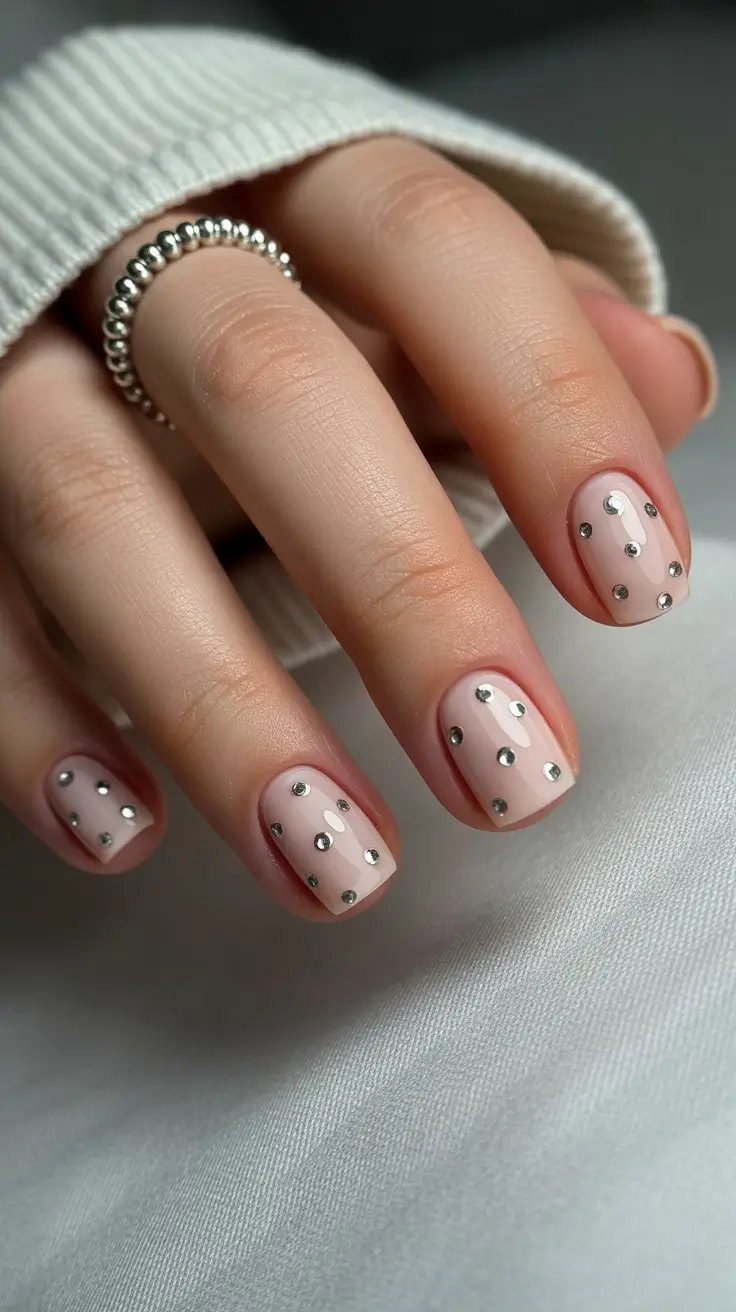 minimalistic spring nail inspo 2026 Short Square Nude Nails with Minimal Crystal Details