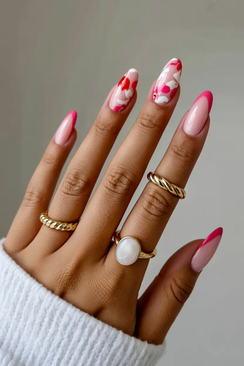 minimalistic spring nail inspo 2026 Pink Almond Nails with Minimal Floral Accents