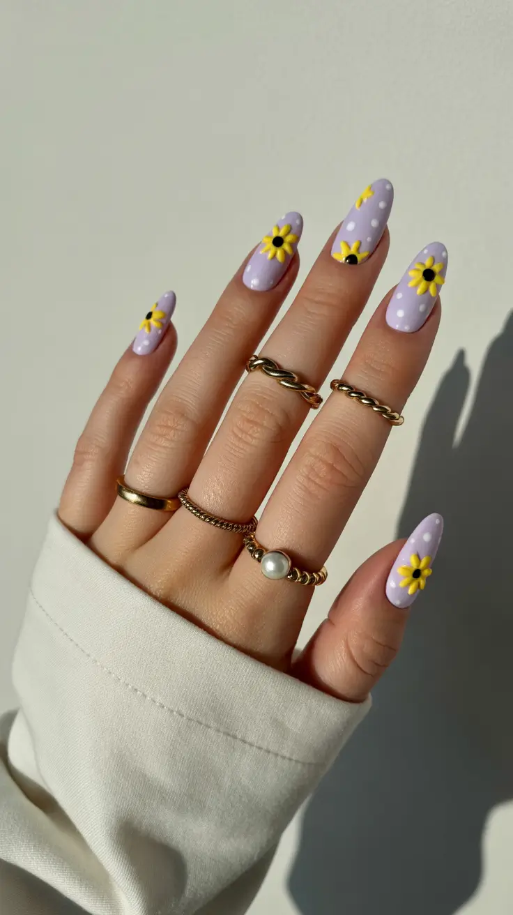 minimalistic spring nail inspo 2026 Lavender Daisy Nails with Soft Polka Dot Details