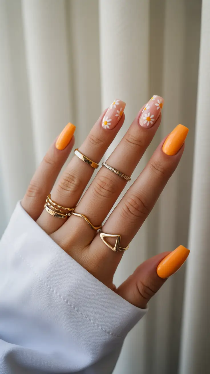 minimalistic spring nail inspo 2026 Orange Daisy Square Nails for a Playful Spring Look