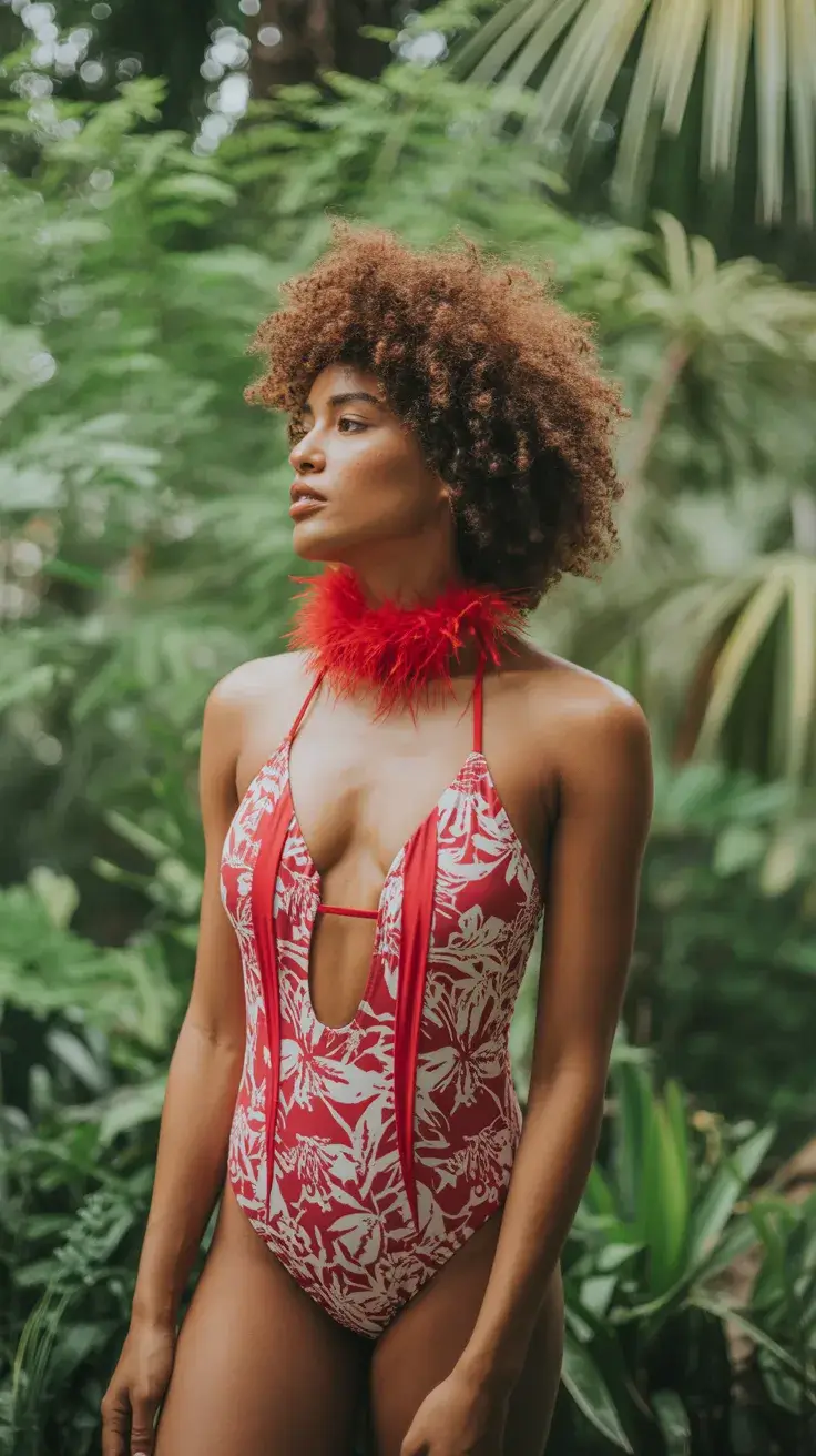 one piece swimsuit 2026 Tropical Red Floral Plunge Swimsuit