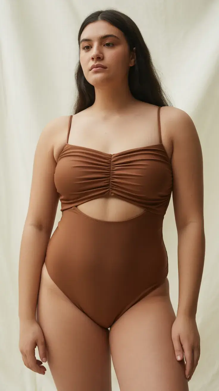 plus size swimsuit Summer 2026 Ruched Brown One Piece with Subtle Sculpting