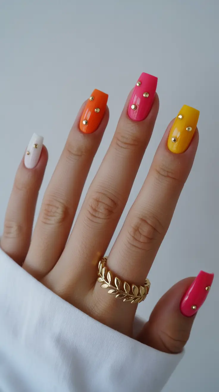 pretty colorful spring nails 2026 Bright Pop Art Square Nails with Gold Stud Details
