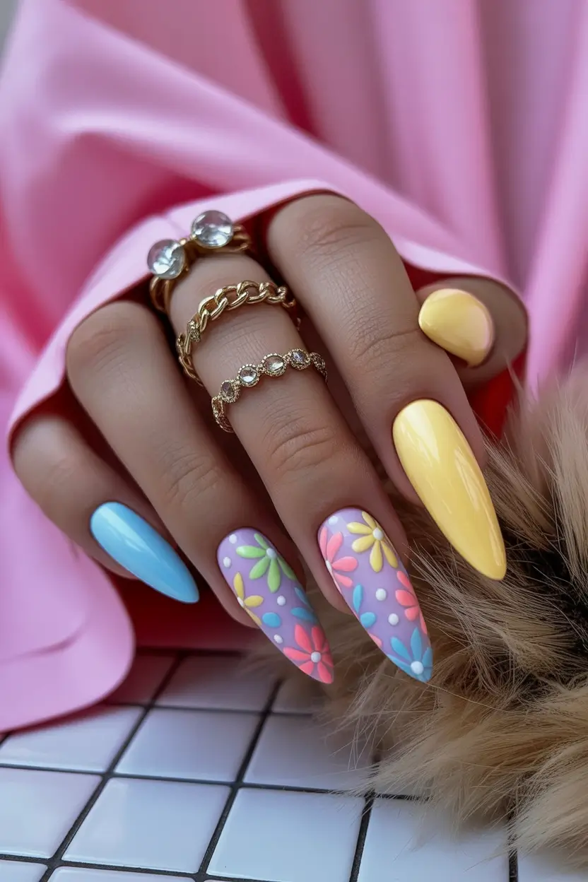 pretty colorful spring nails 2026 Colorful Floral Stiletto Nails for Playful Spring Style