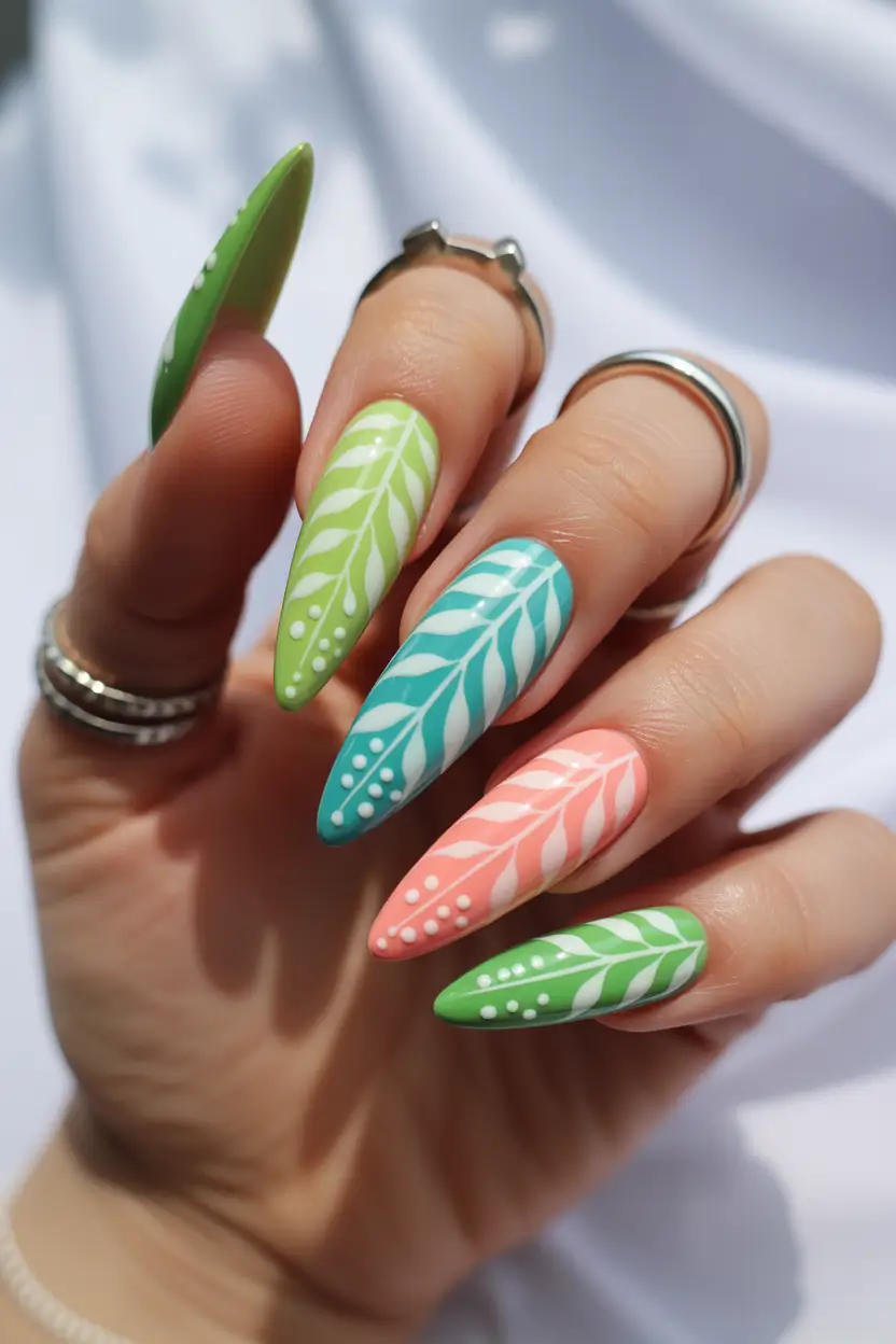 pretty colorful spring nails 2026 Fresh Botanical Stiletto Nails in Bright Greens