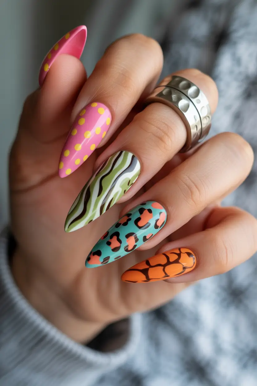 pretty colorful spring nails 2026 Bold Mixed Pattern Stiletto Nails in Bright Colors