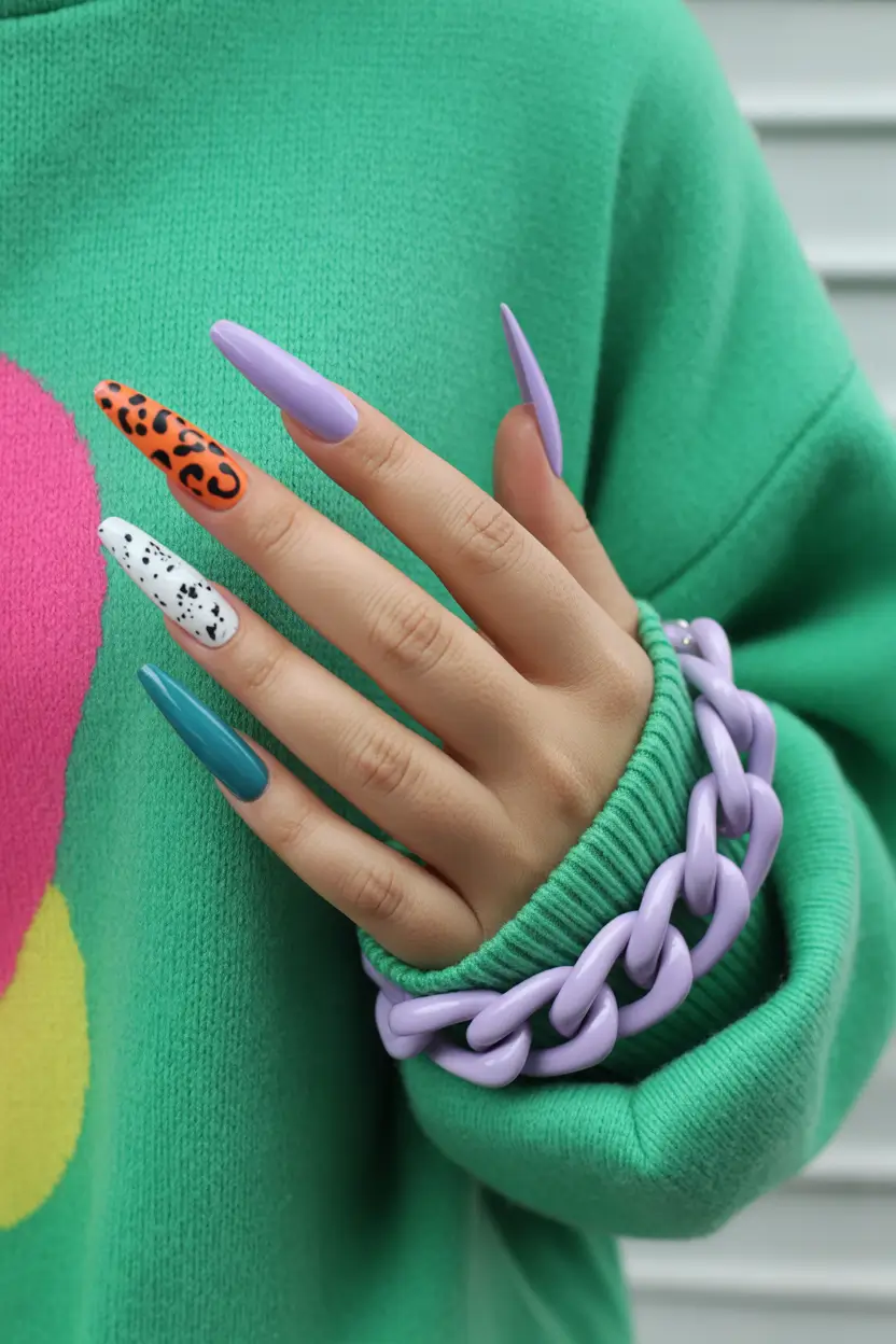 pretty colorful spring nails 2026 playful multi color almond nails