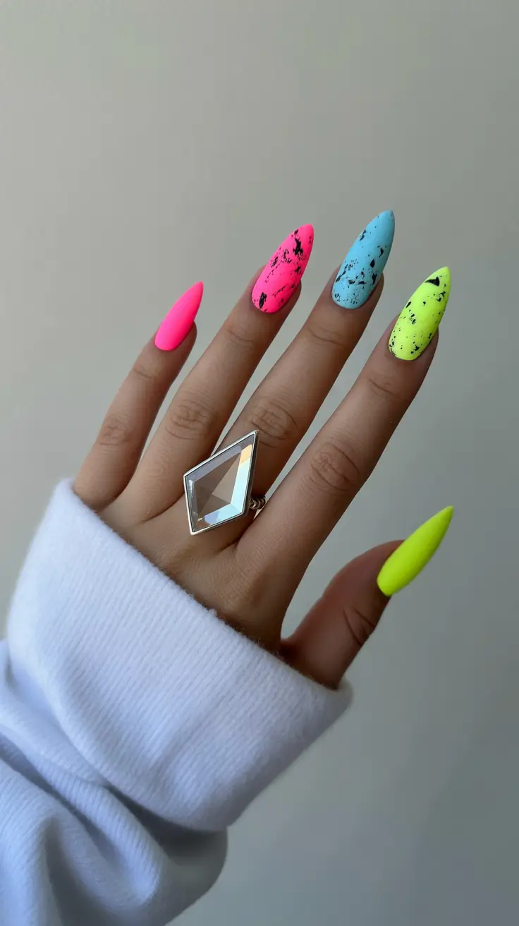 pretty colorful spring nails 2026 bright neon speckled almond nails