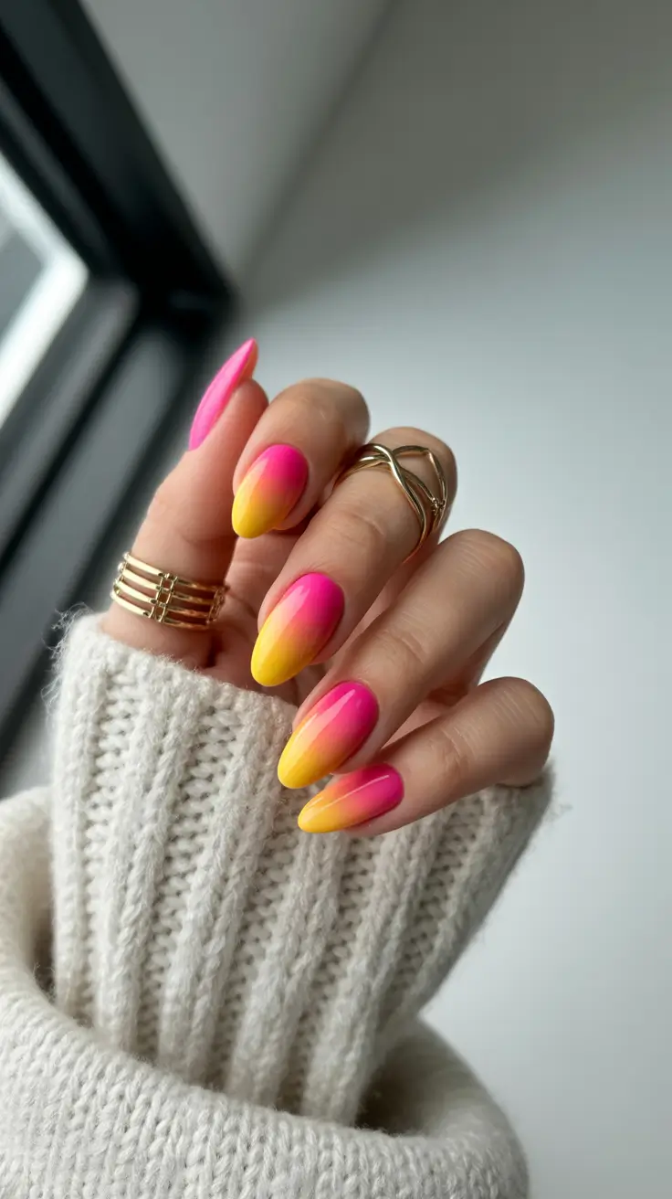 pretty colorful spring nails 2026 sunset ombre almond nails