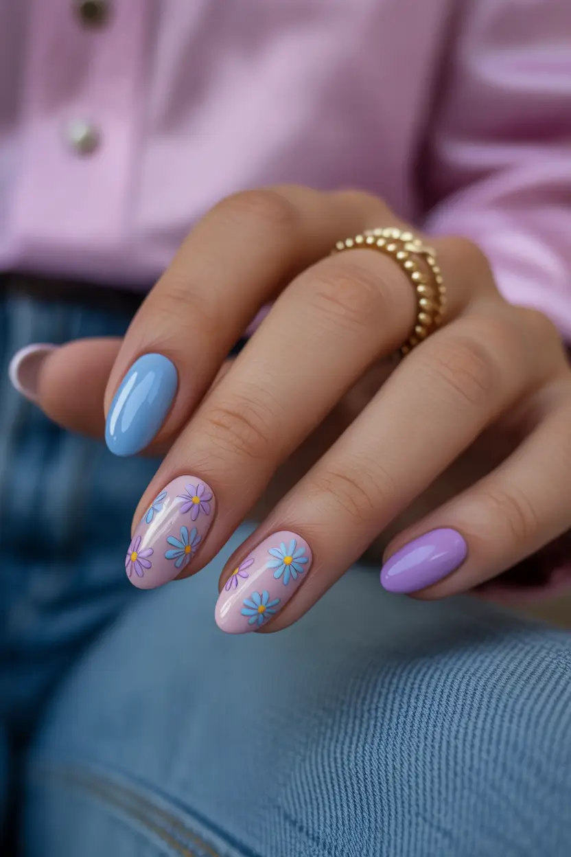 pretty colorful spring nails 2026 Soft Pastel Daisy Almond Nails