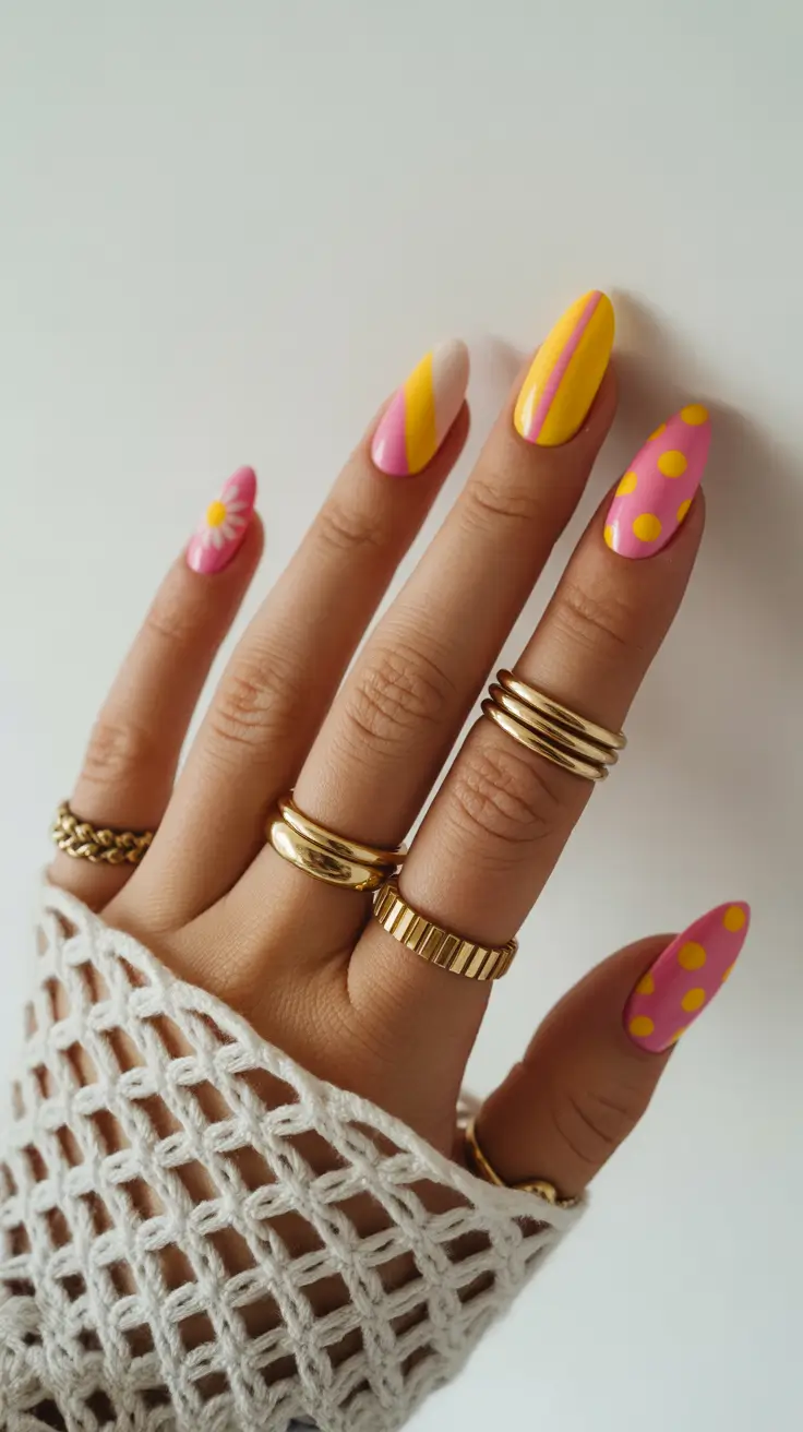 pretty colorful spring nails 2026 Playful Pink and Yellow Graphic Spring Nails