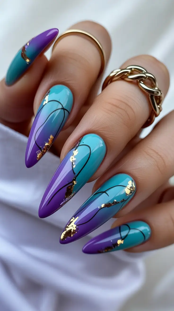 pretty colorful spring nails 2026 Bold Teal and Violet Gradient Stiletto Nails