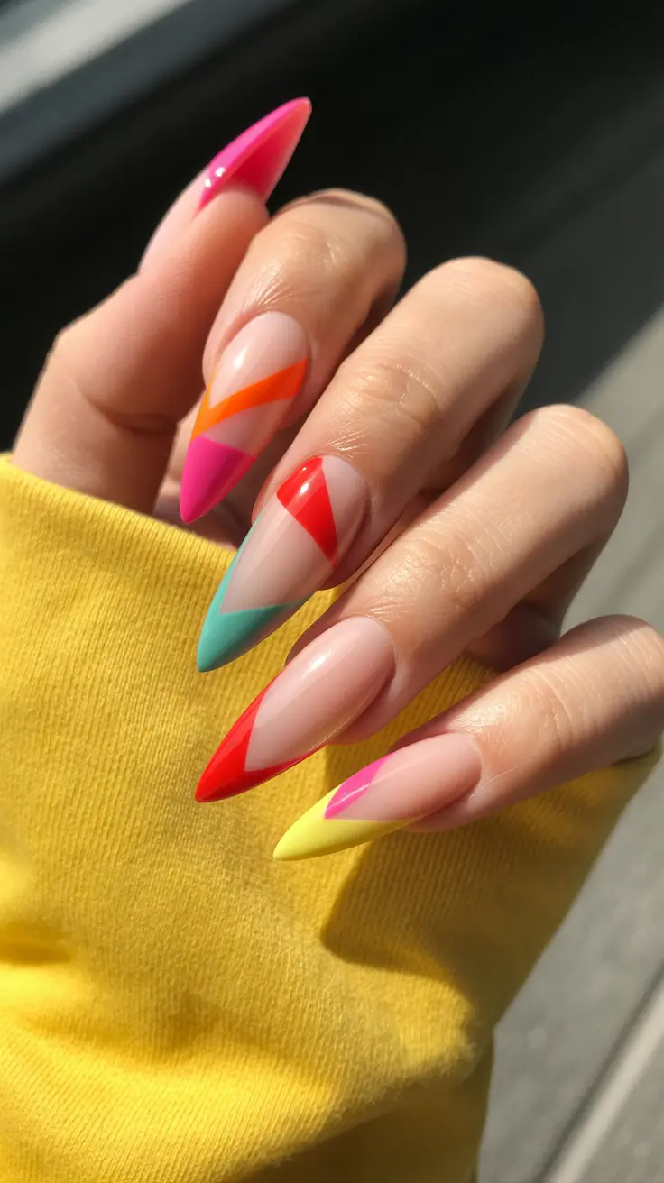 pretty colorful spring nails 2026 Bright Geometric Almond Nails with Neon Accents