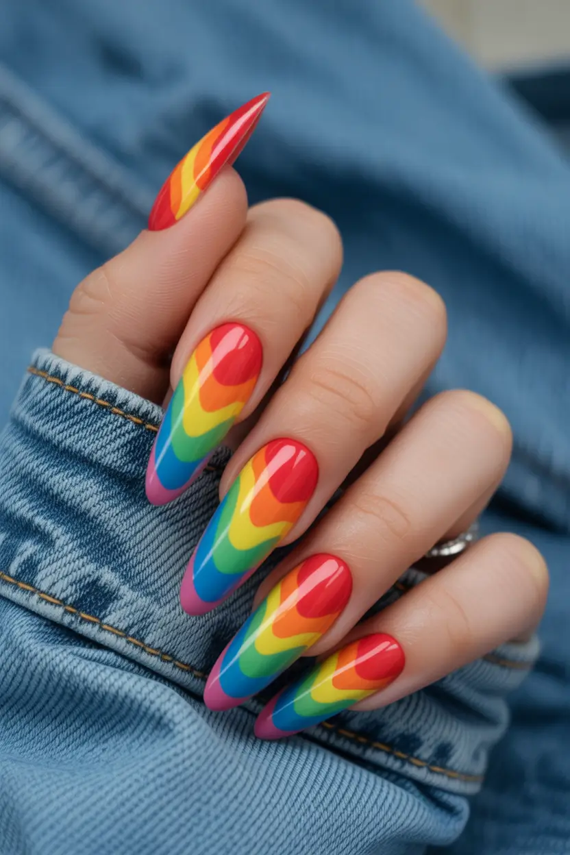 pretty colorful spring nails 2026 Rainbow Wave Acrylic Stiletto Nails