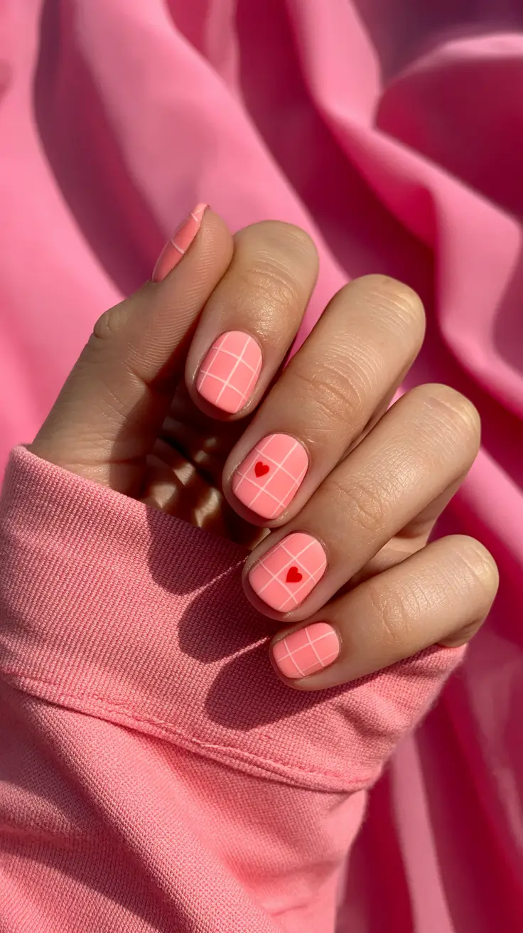 short spring nails 2026 pink grid heart nail art