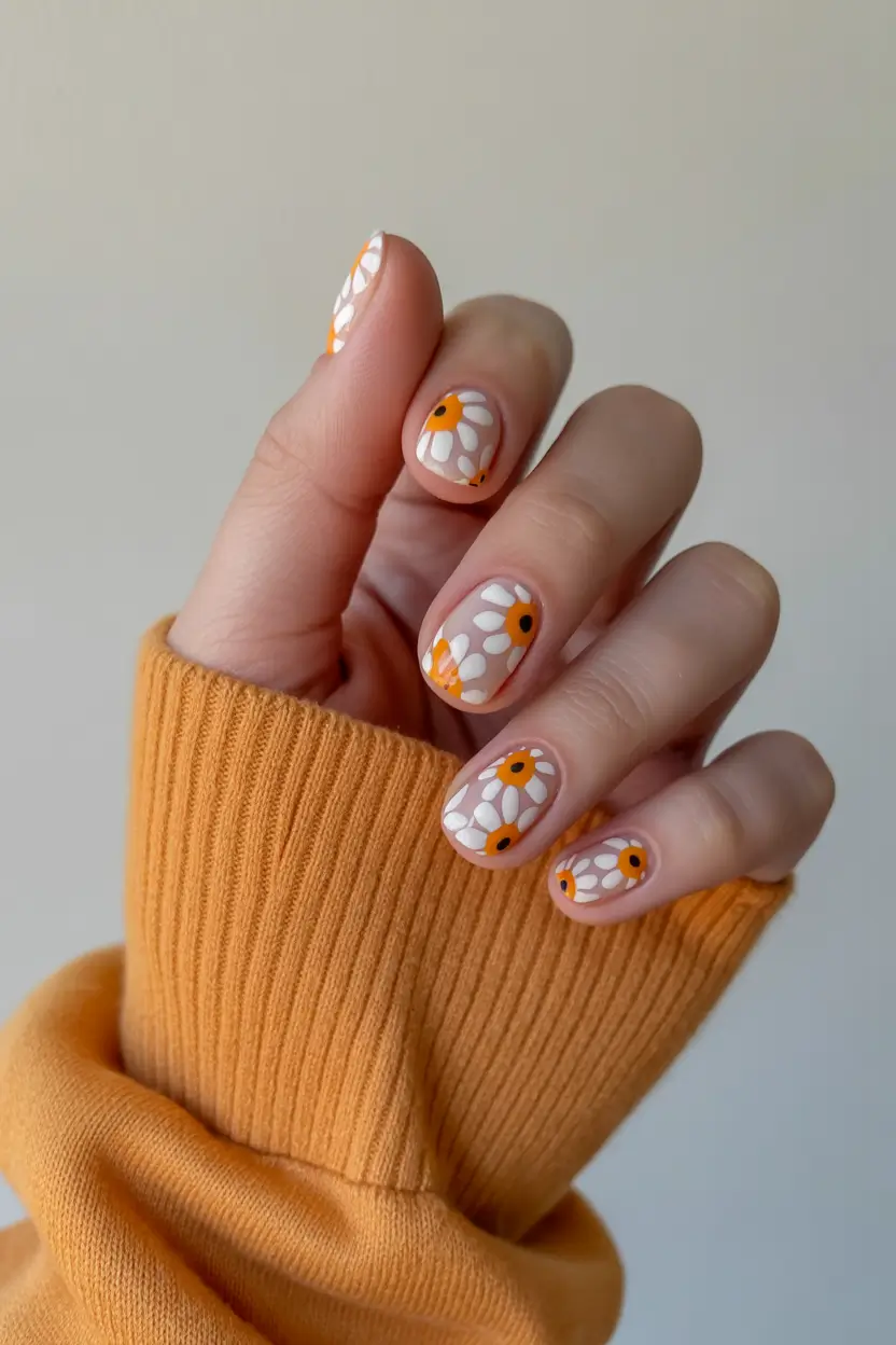 short spring nails 2026 daisy floral design