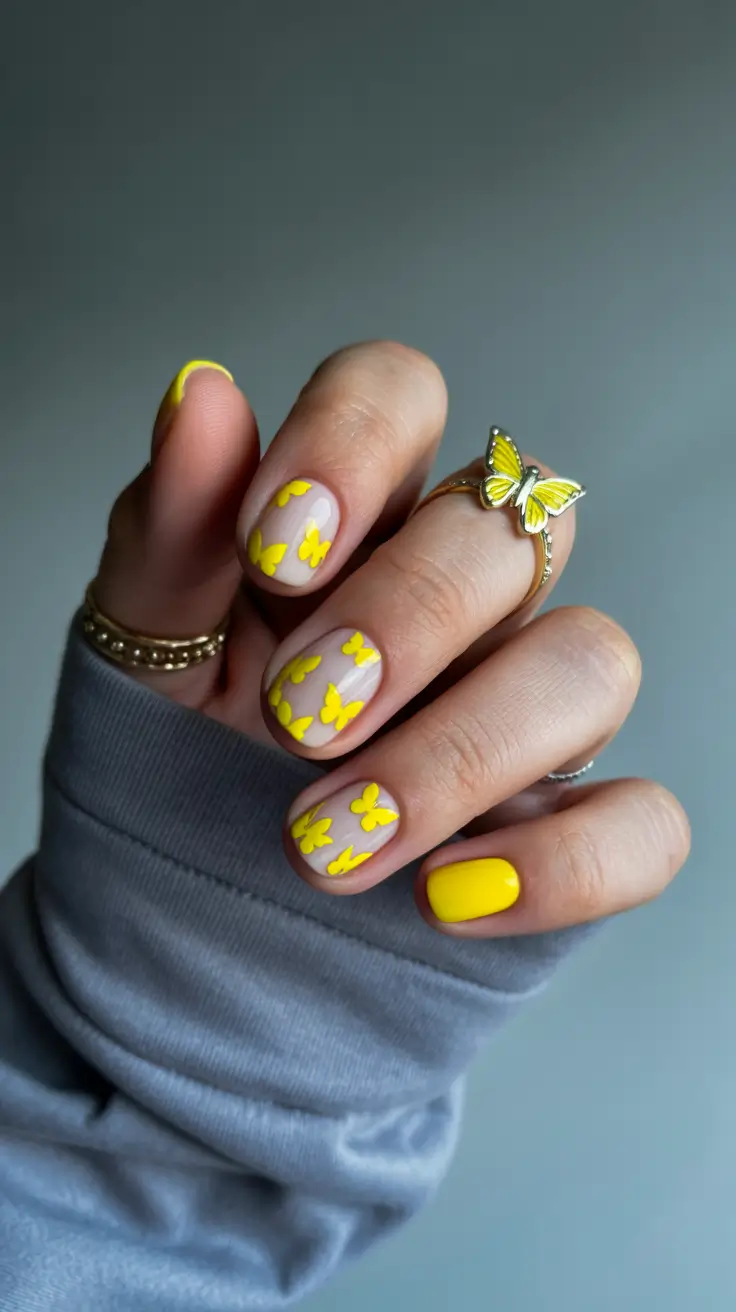 short spring nails 2026 yellow butterfly design