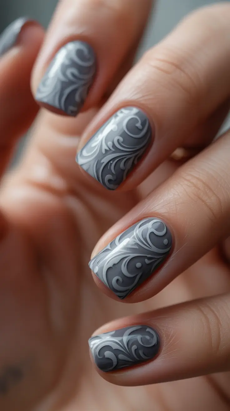 short spring nails 2026 gray ornamental nail art