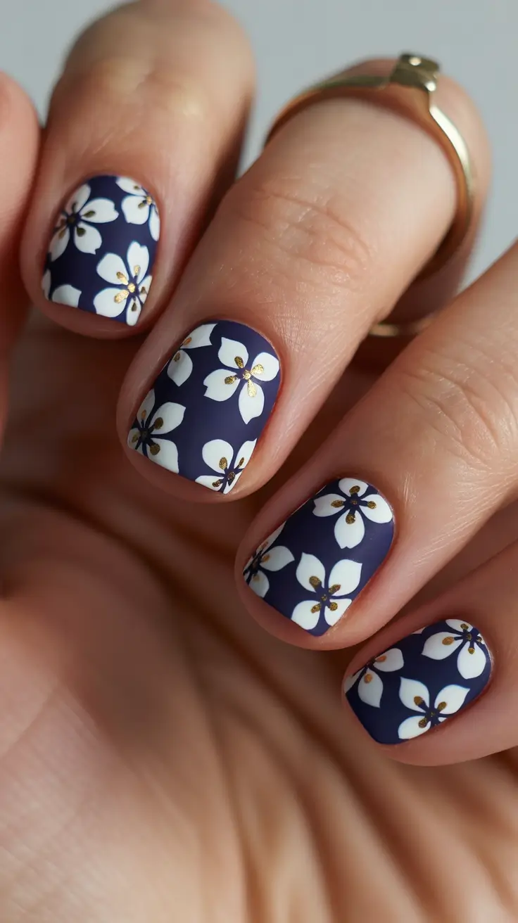 short spring nails 2026 Navy Blue Daisy Nails with a Playful Retro Feel