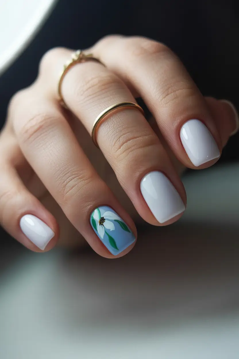 short spring nails 2026 Minimal White Short Nails with a Tiny Floral Accent
