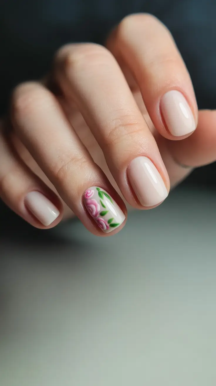 short spring nails 2026 Soft Nude Short Nails with Romantic Rose Art