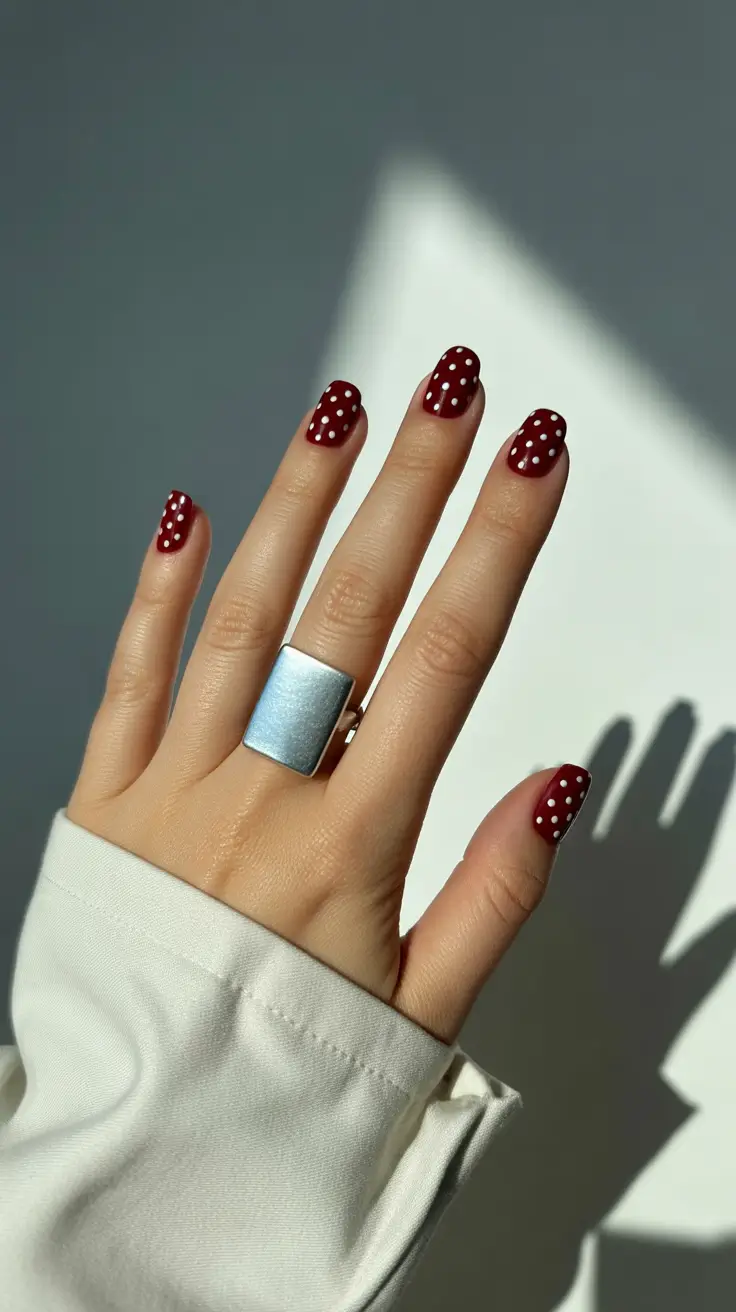 short spring nails 2026 playful polka dot nails