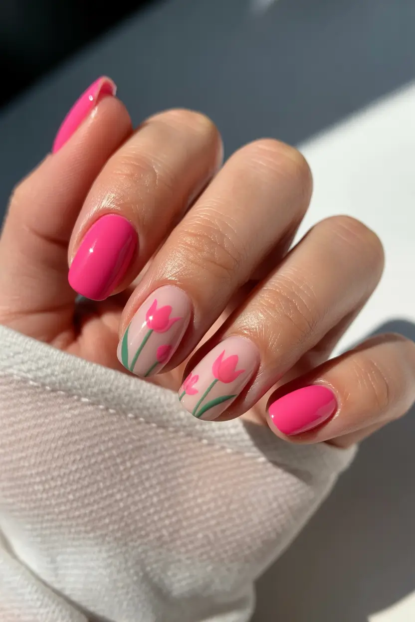 short spring nails 2026 Bright Pink Tulip Nails for Playful Spring Energy