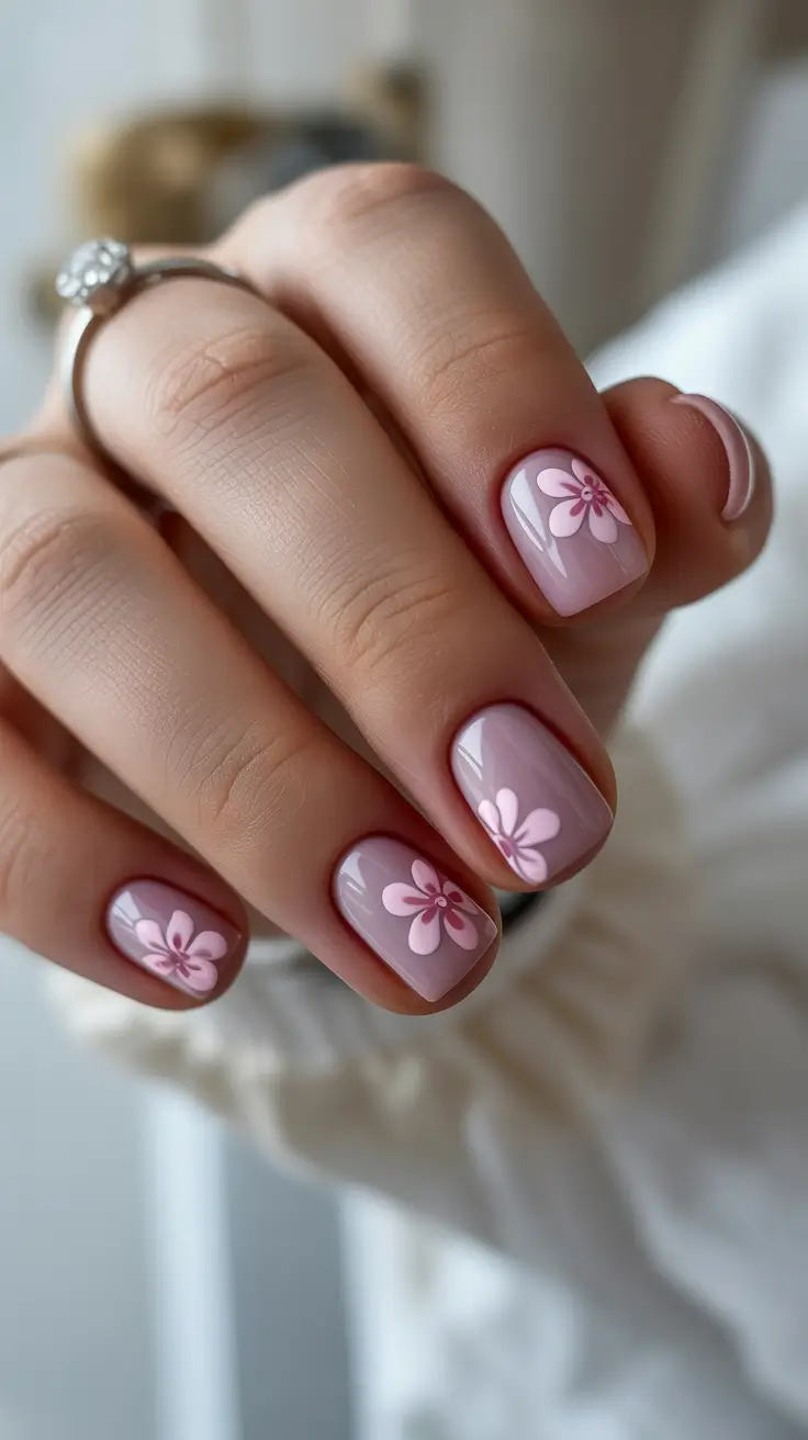 short spring nails 2026 Glossy Blush Pink Nails with Delicate Floral Accents
