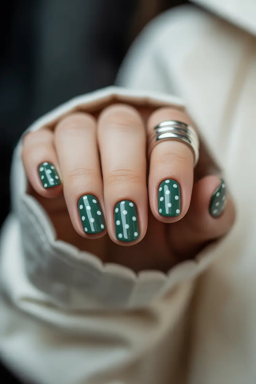 short spring nails 2026 green polka dot manicure