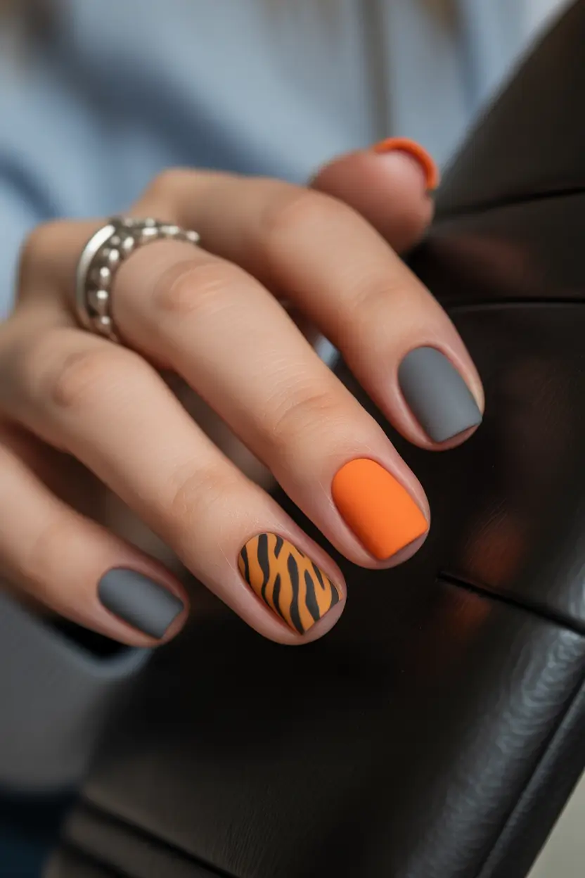 short spring nails 2026 matte safari nail design